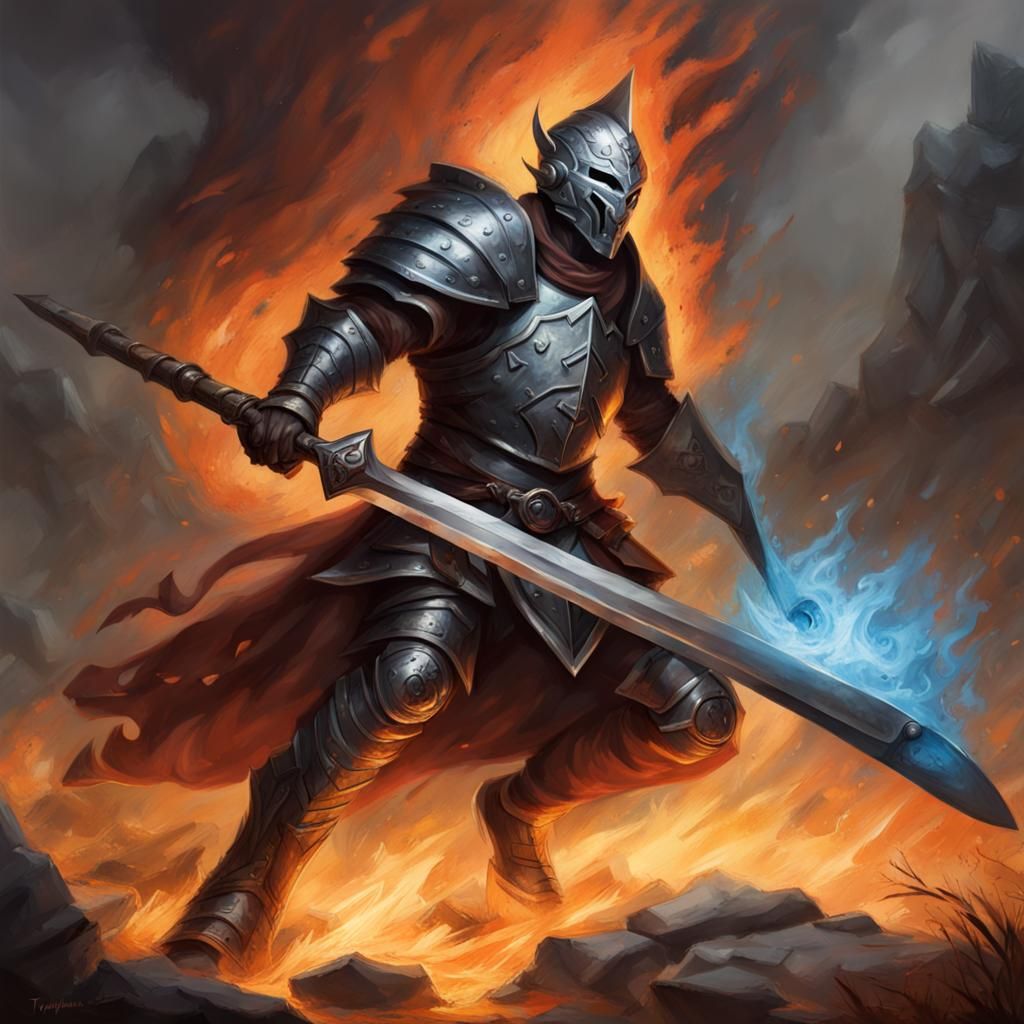 Fire Genasi Warrior in Battlefield, Realistic Painting