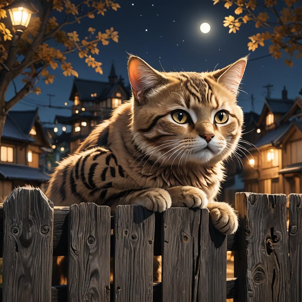Beige Cat on Old Fence: Anime-Inspired 3D Art