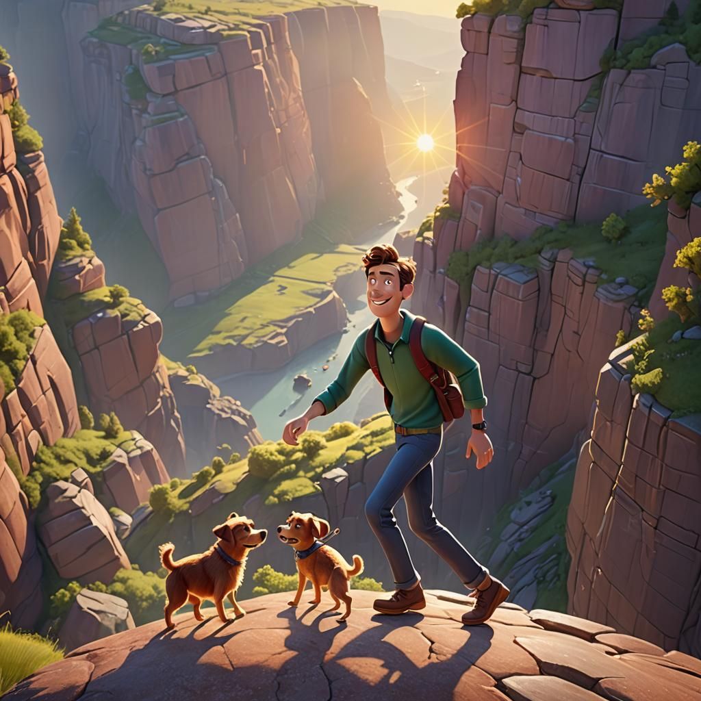 Carefree Man and Dog on Cliff in Pixar Style