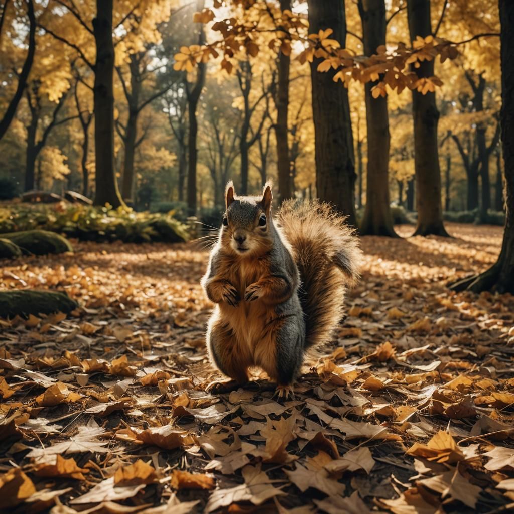Squirrel Leaping Through Golden Autumn Leaves