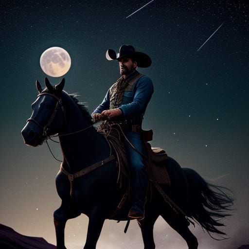 Lone Cowboy Under Starry Moonlit Sky