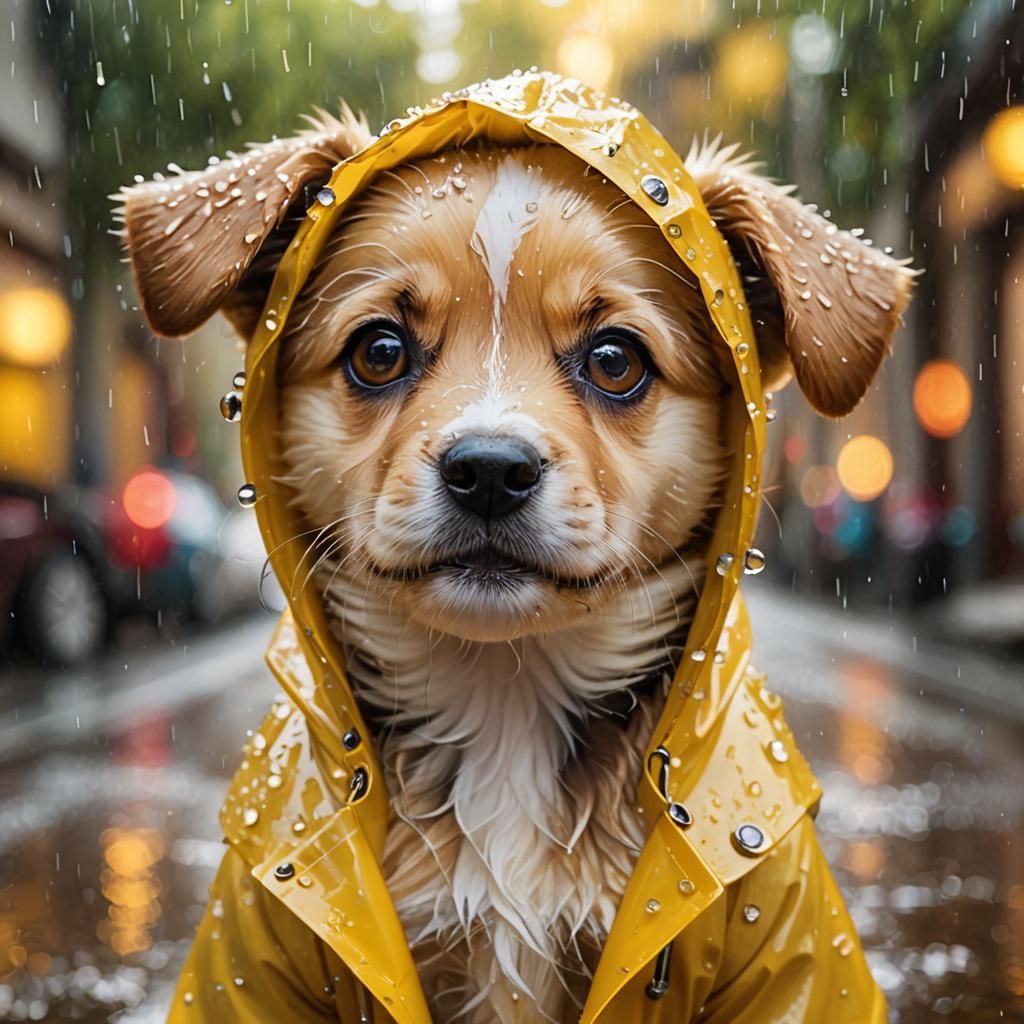a close-up of an adorable puppy wearing a bright yellow rain...