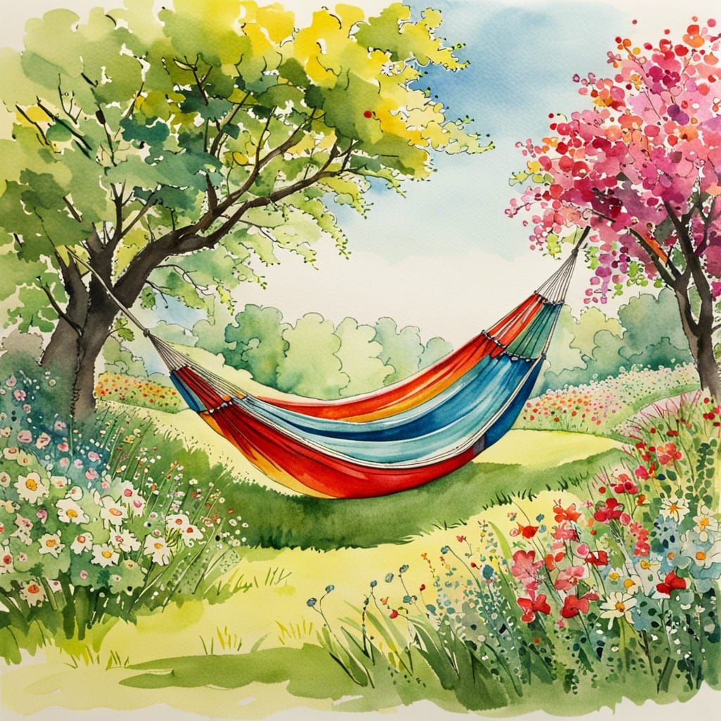 Colorful Hammock on Meadow, Ink and Watercolor Style