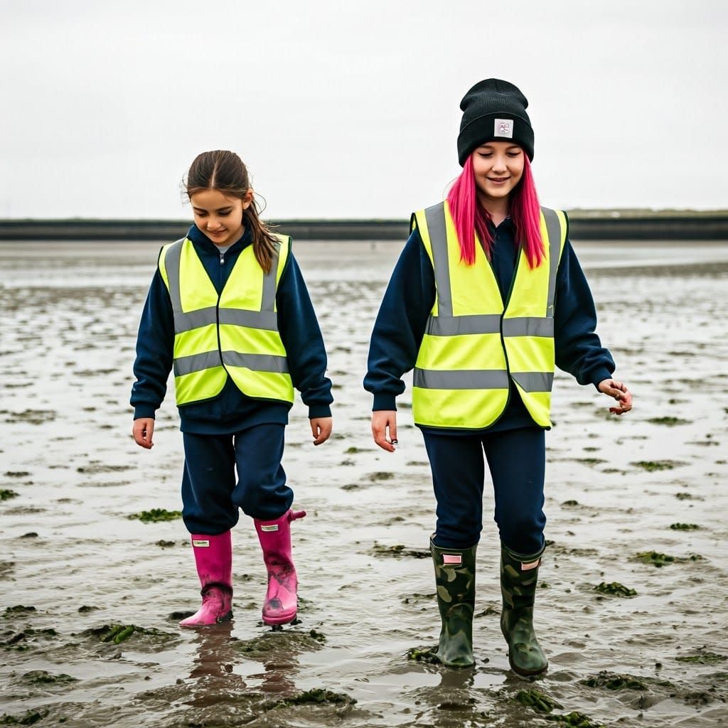 Girls Collecting Seaweed on Mudflats Adventure