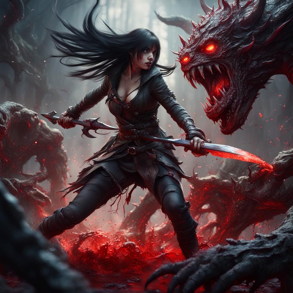 Fantasy Girl Battles Monster in Detailed Matte Painting