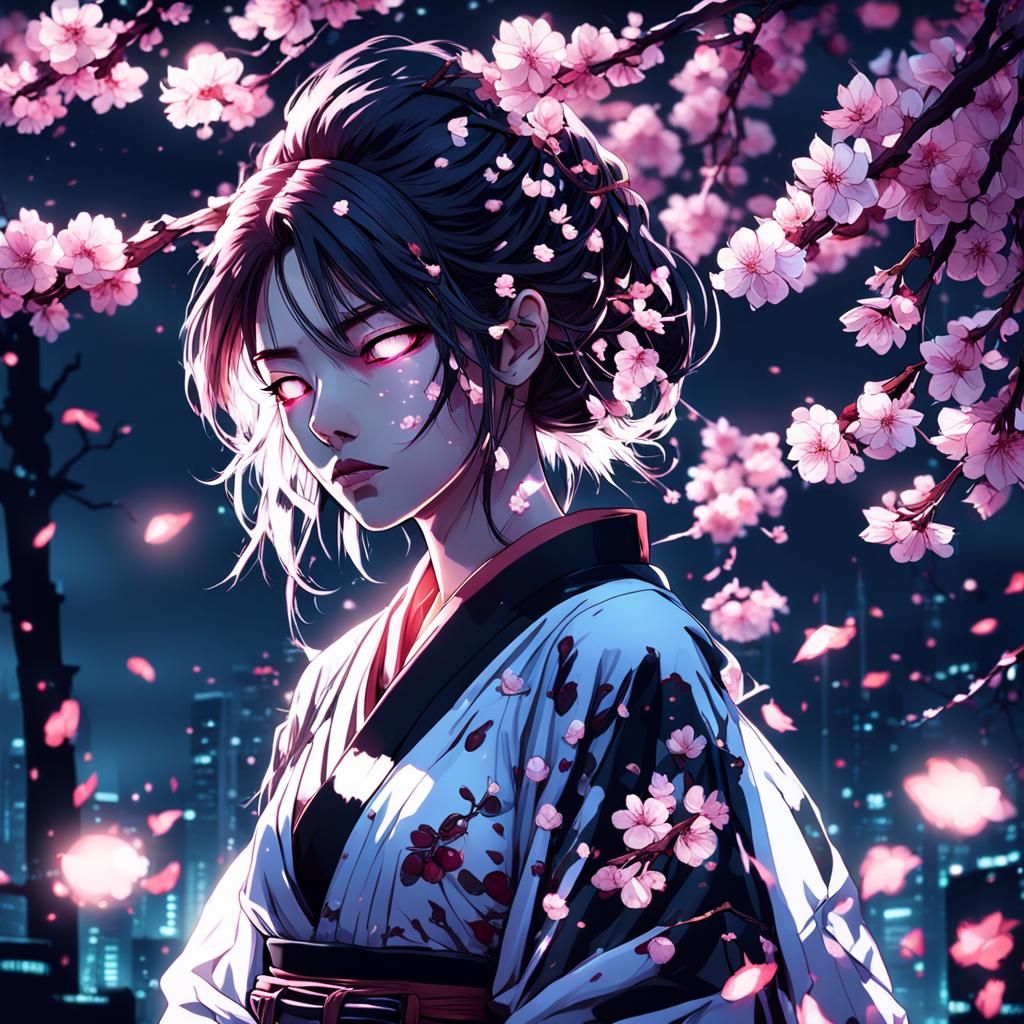 Sad Girl Covered in Cherry Blossoms in Anime Style