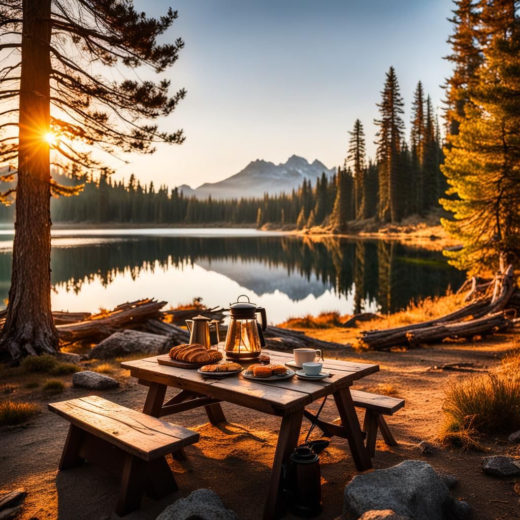 A cozy campsite set up for breakfast near a serene lake,