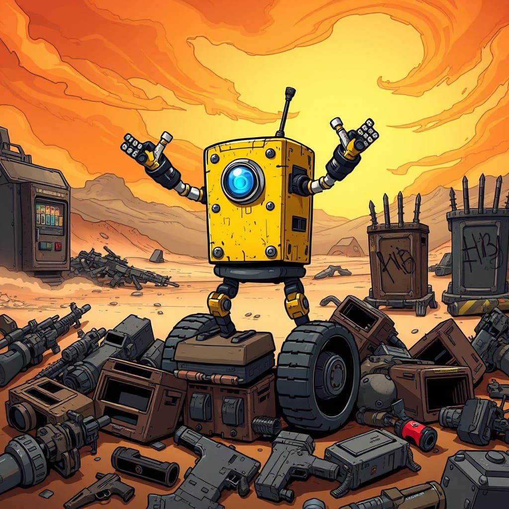 Victorious Junkbot in Desolate Borderlands Landscape
