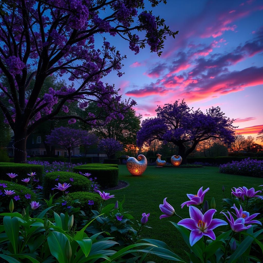 Whimsical Dusk Park with Purple Blooms and Metallic Heart St...
