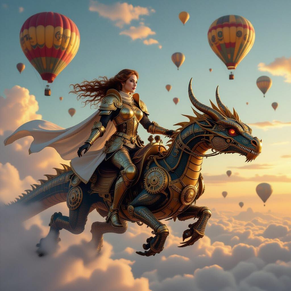 Steampunk Knight Rides Clockwork Dragon Amidst Hot Air Ballo...