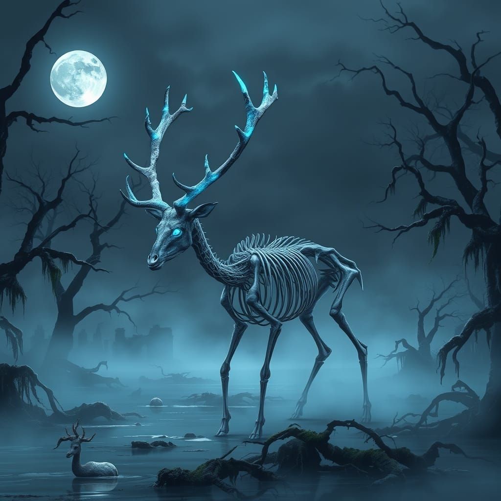 Skeletal Deer in Misty Swamp Under Moonlit Sky