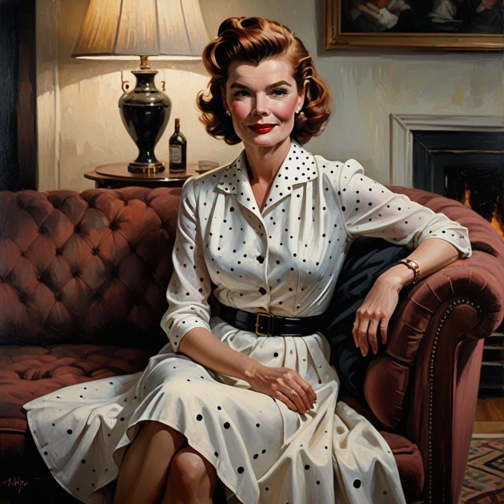 Impressionistic Housewife Relaxing in Retro Elegance