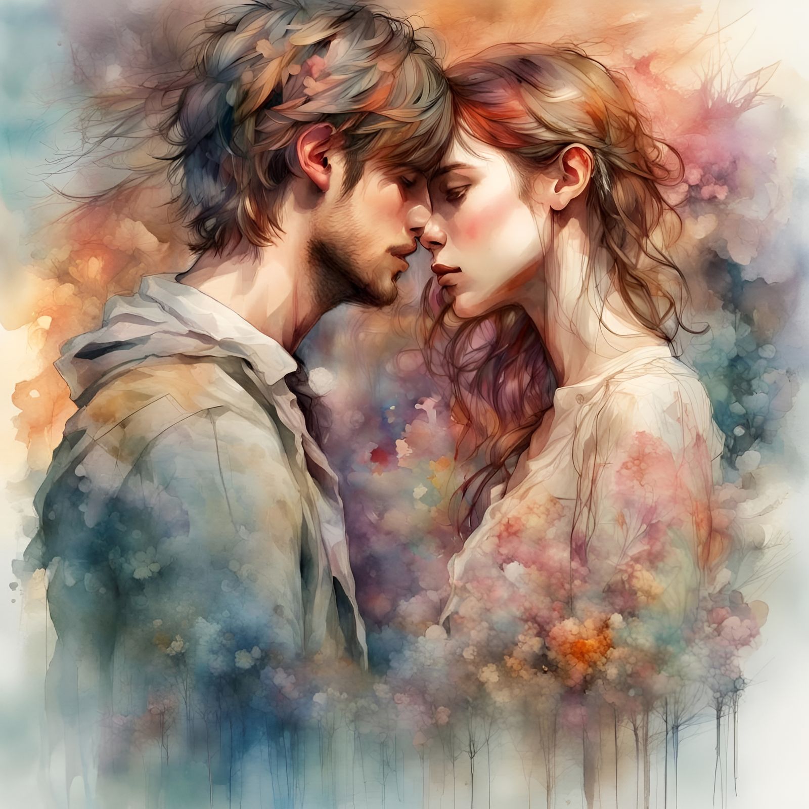 Romantic Watercolor Double Exposure Sunset Landscape