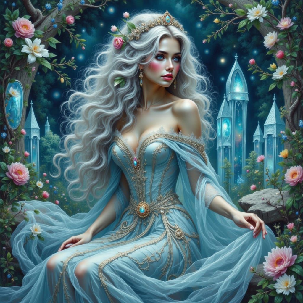 Elven Queen on Crystal Throne in Art Nouveau Style