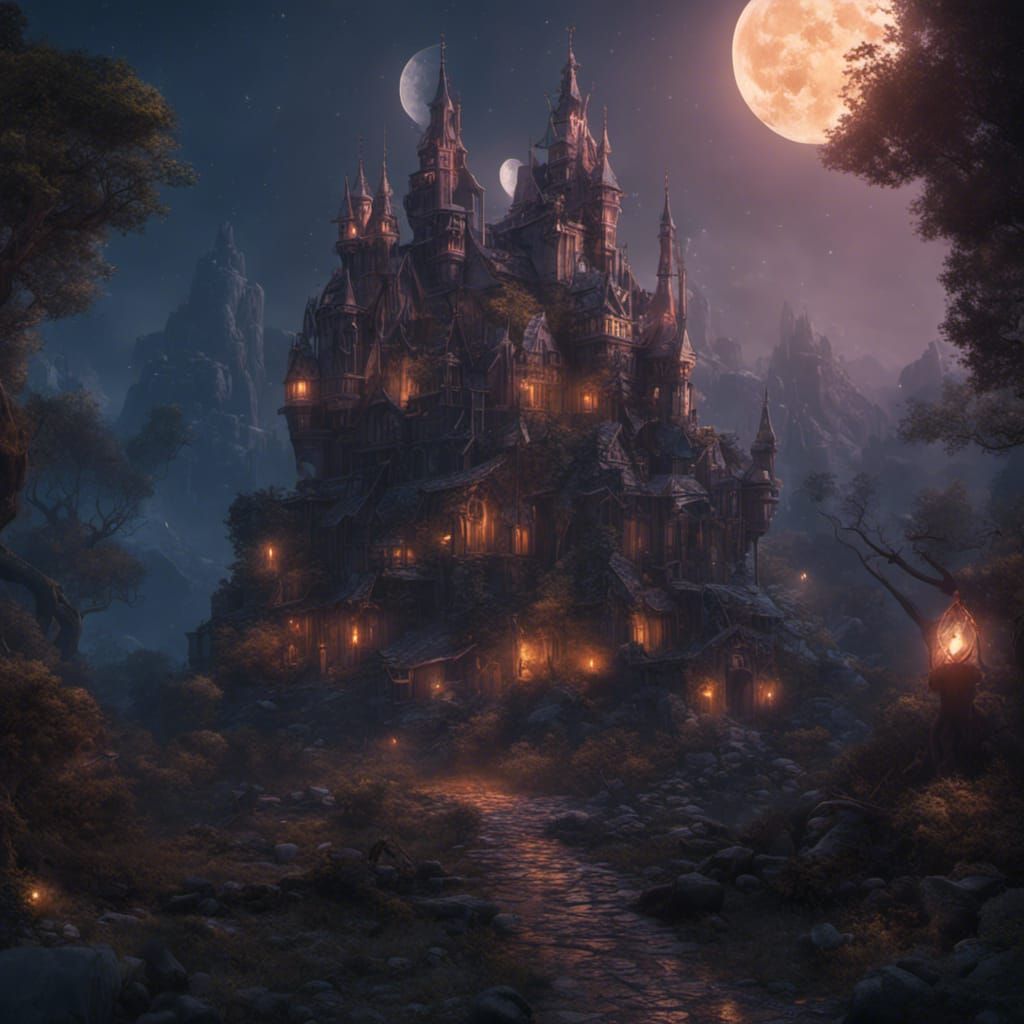 Fantastical Castle at Night: Detailed Matte Painting