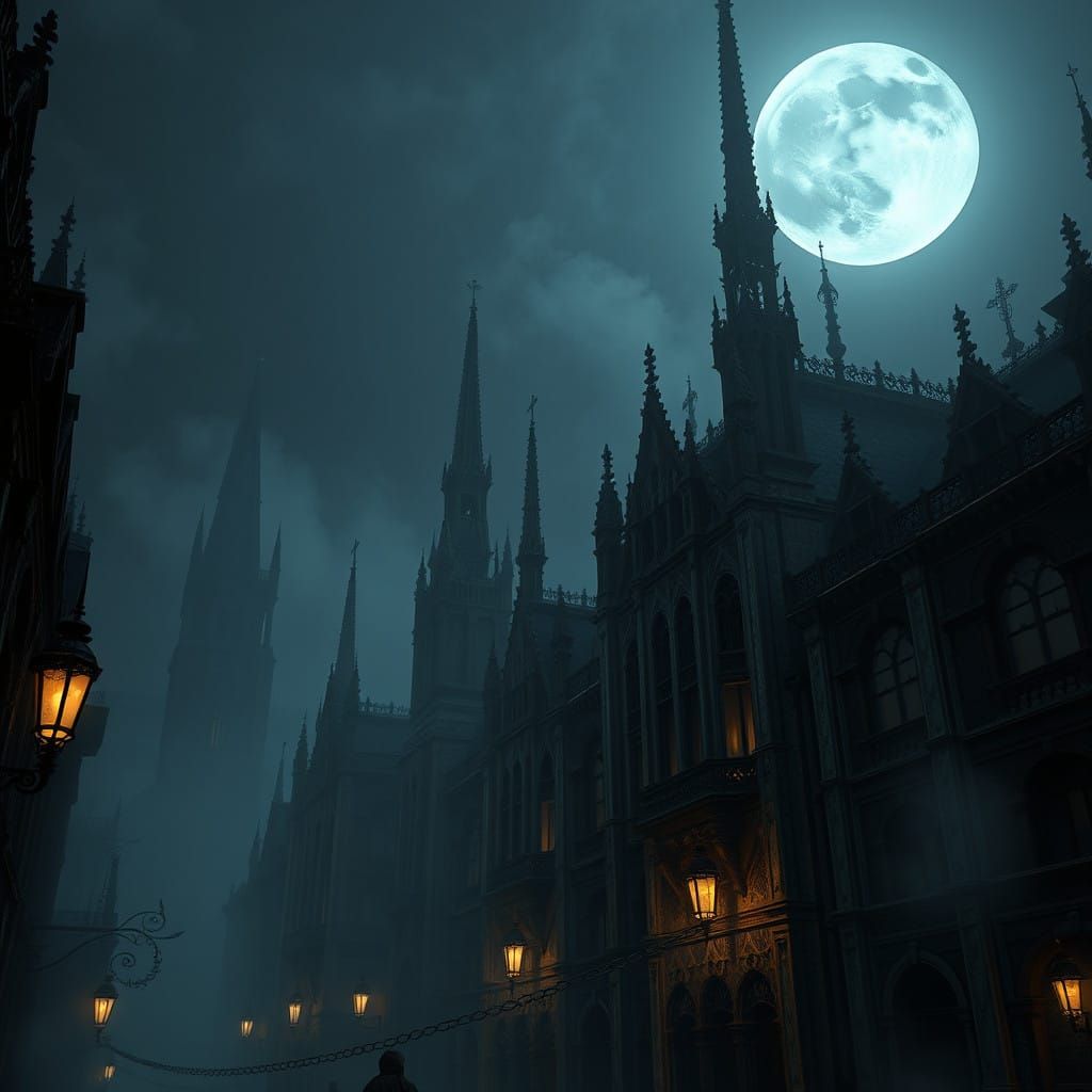 Bloodborne-Inspired Gothic Cityscape Under Full Moon