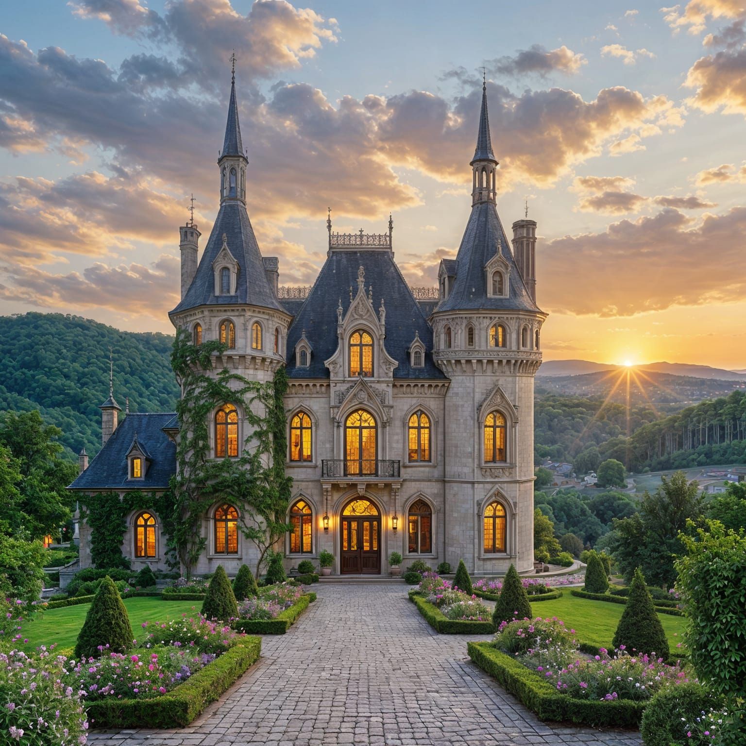 French Castle and Gardens at Sunset