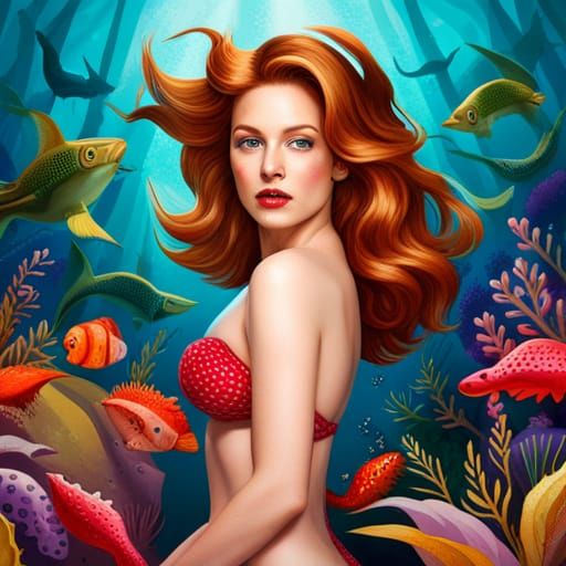 Red-Haired Mermaid in Underwater Candyland