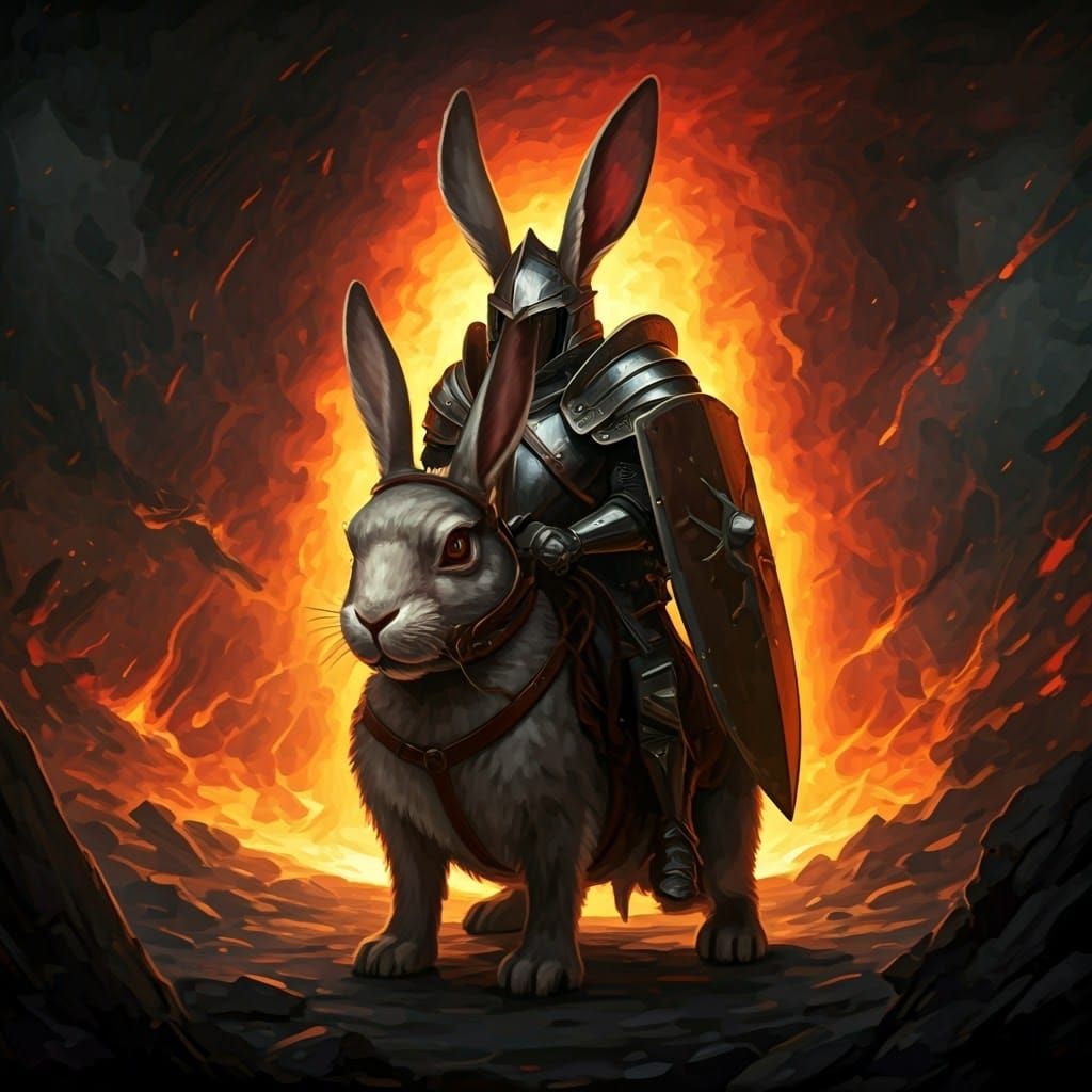 Fantasy Paladin on Fiery Rabbit Steed in Erupting Landscape