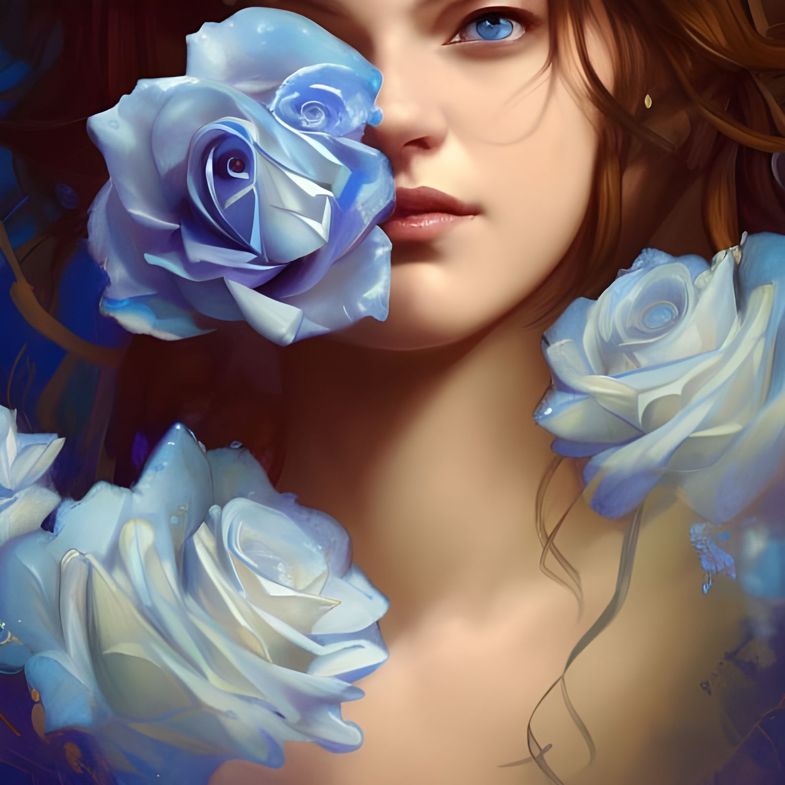 Woman with Blue Roses: Hyperdetailed Portrait