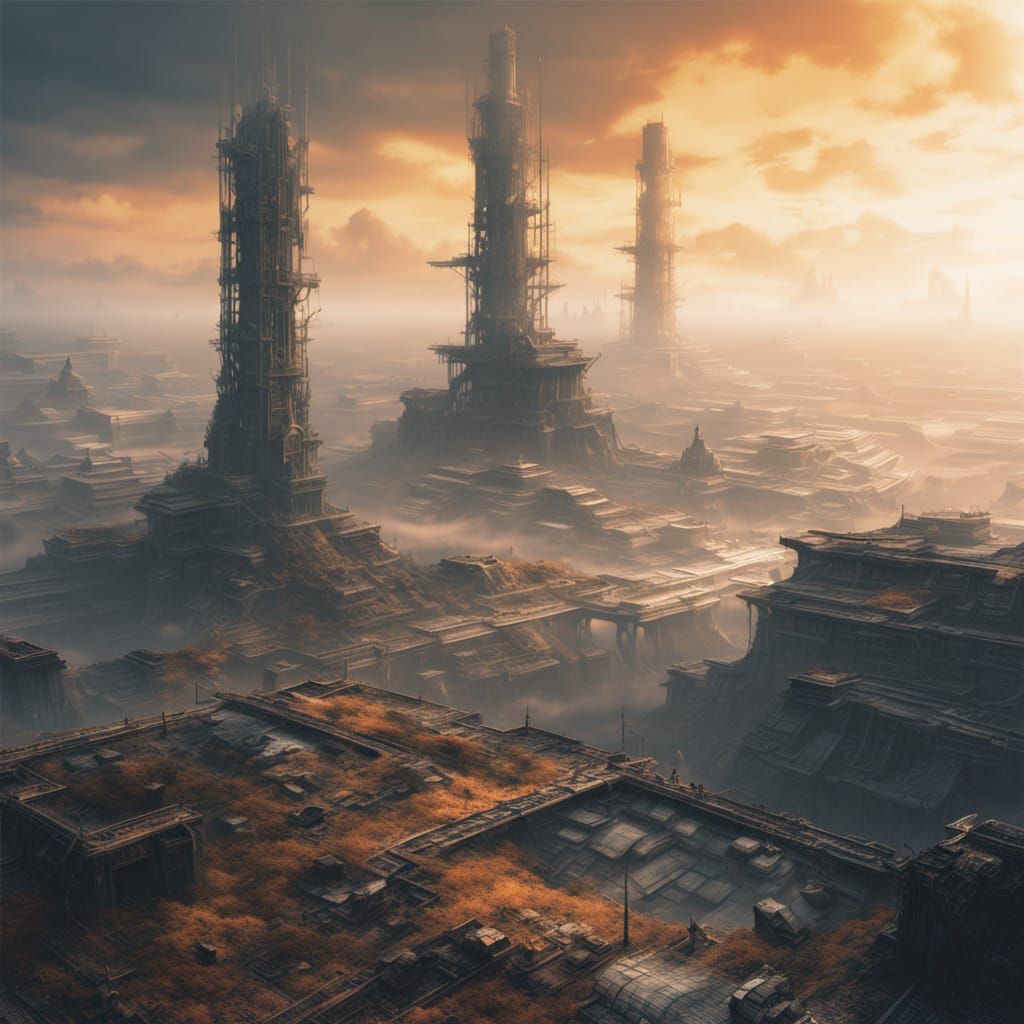 Cyberpunk Wasteland Metropolis in Warm Golden Light