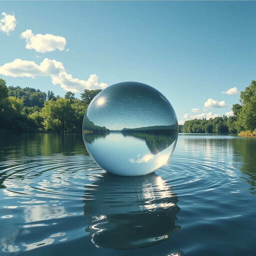 Crystal Globe Floating on River in Hyperrealistic 8K