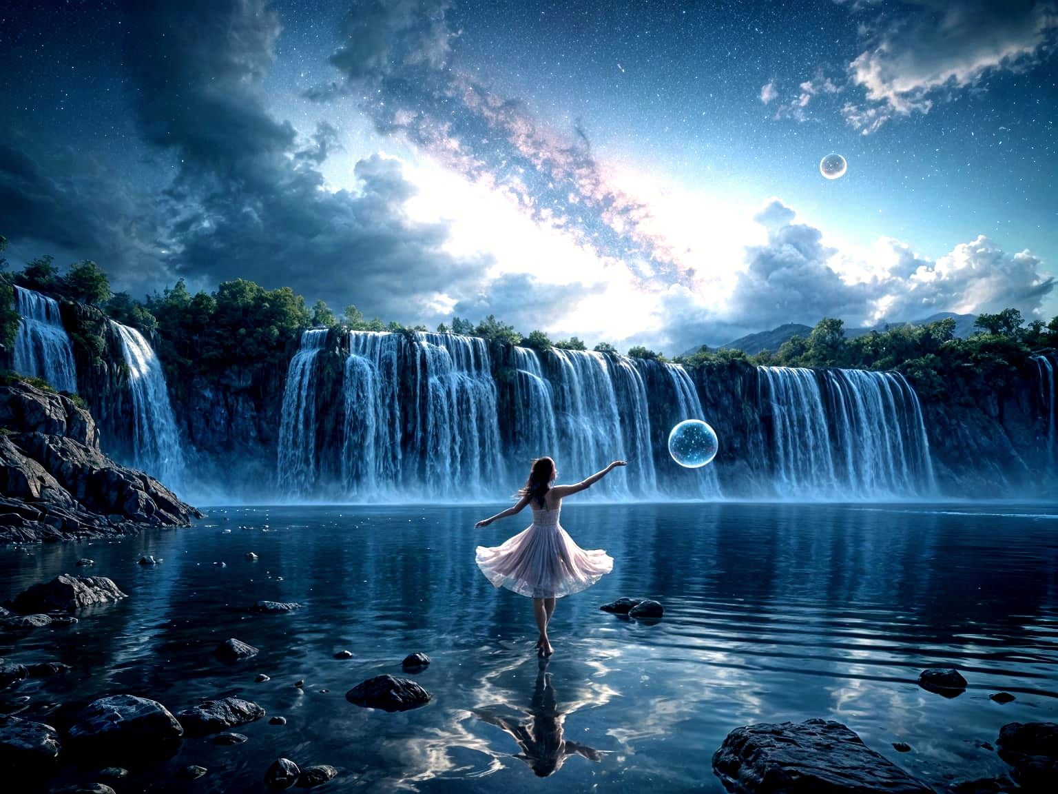 Galactic Cascade: A Girl's Dance in a Cosmic Reflection