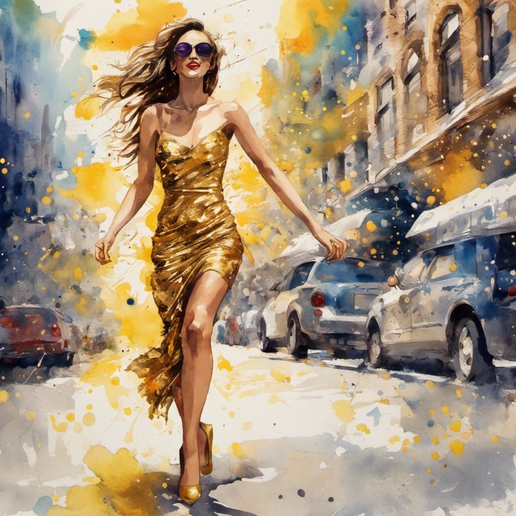 Golden Anime Woman Dancing in Street Watercolor
