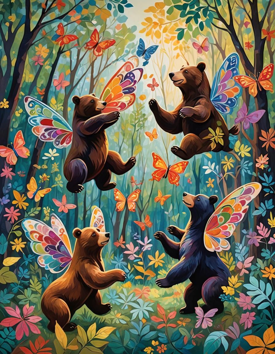 Dancing Bears with Painted Wings in Whimsical Forest