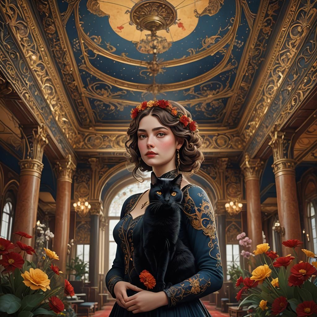 Elegant Girl and Black Cat in Art Nouveau Style