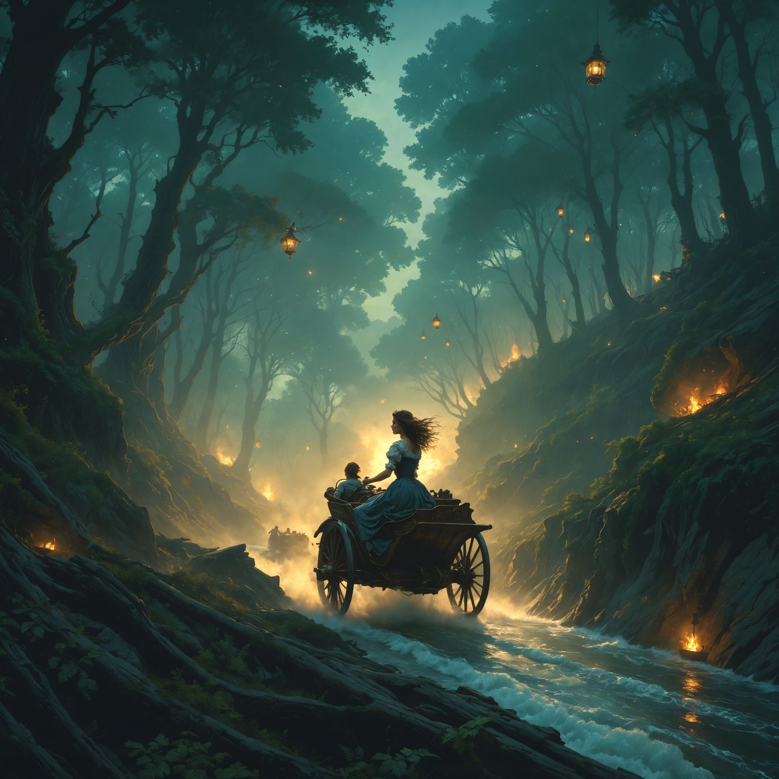 Woman Drives Whirlygig in Ornate Illustration Style