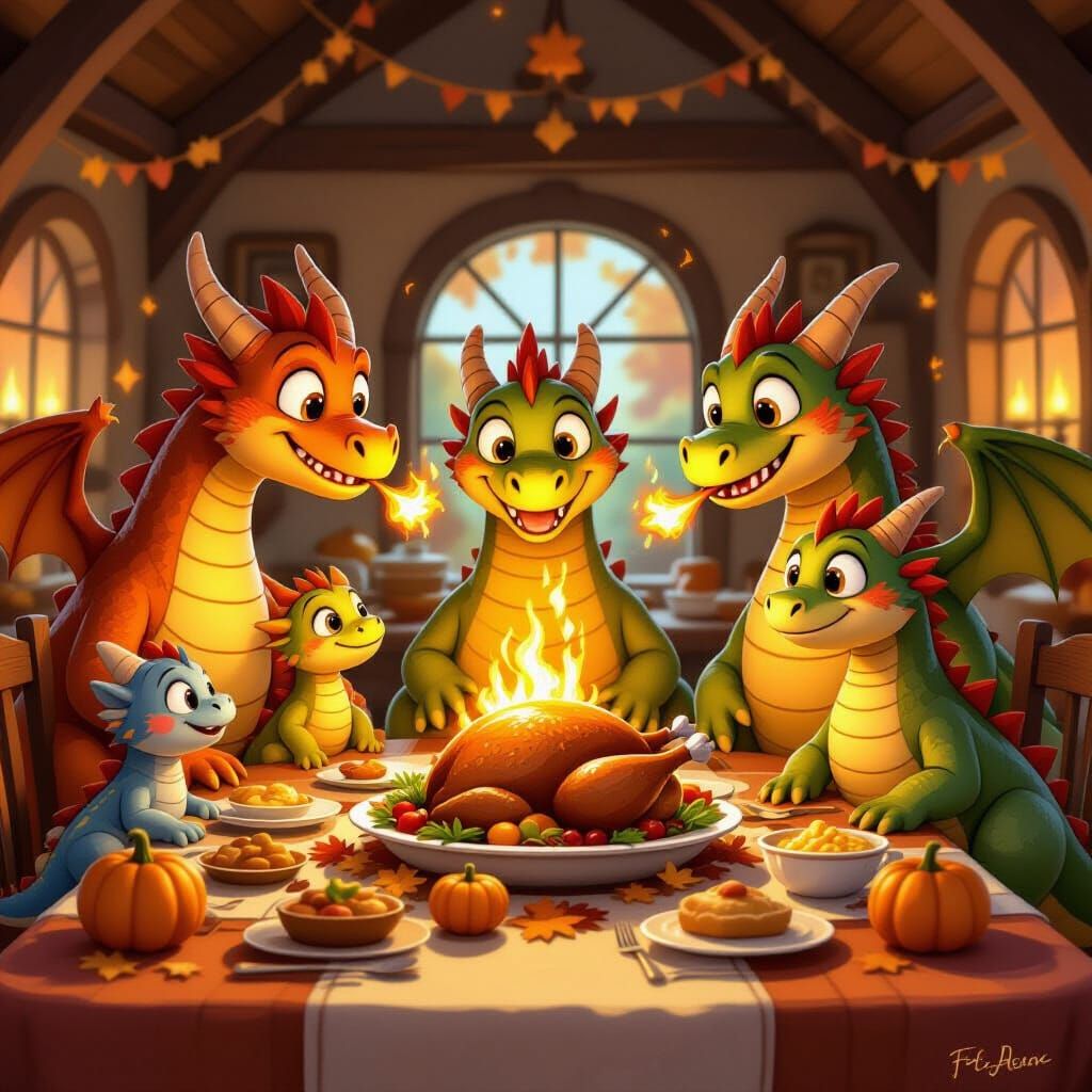 Dragon Family Cooks Thanksgiving Feast with Fire
