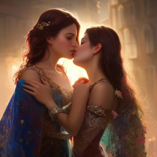 Two Women Kissing with Engagement Ring, Art Nouveau