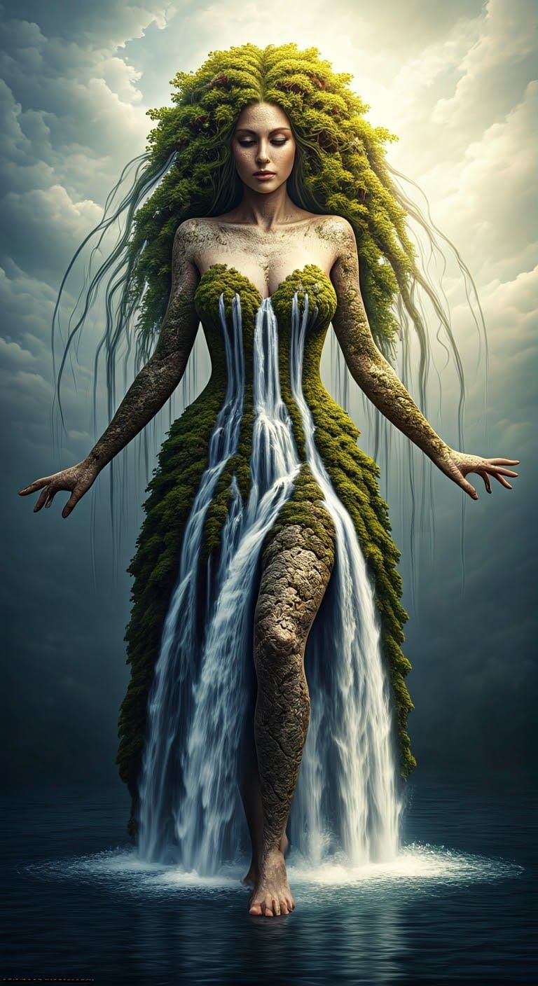 Stone Woman with Waterfall Hair and Dress