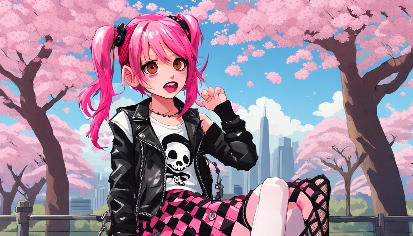 Punk Girl with Cherry Blossoms in Anime Style