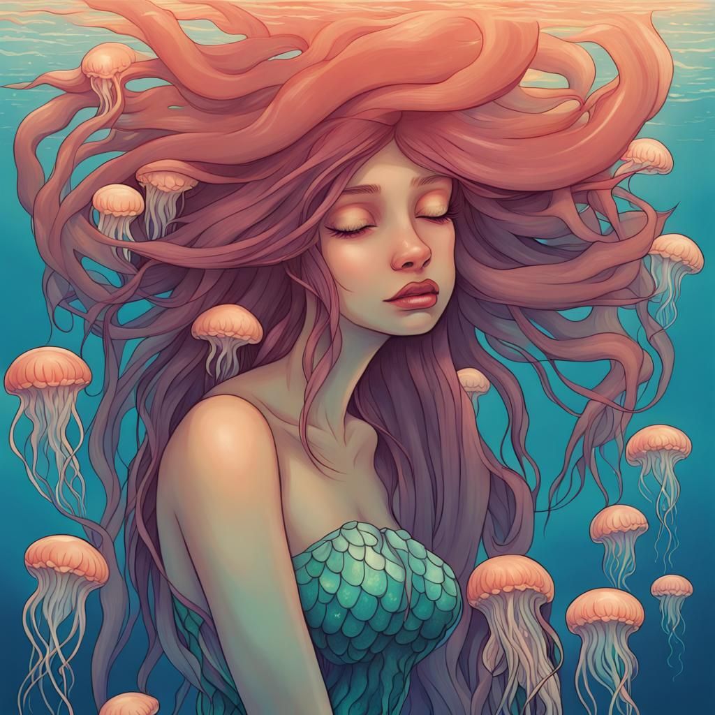 Reubenesque Mermaid Hiding Behind Jellyfish