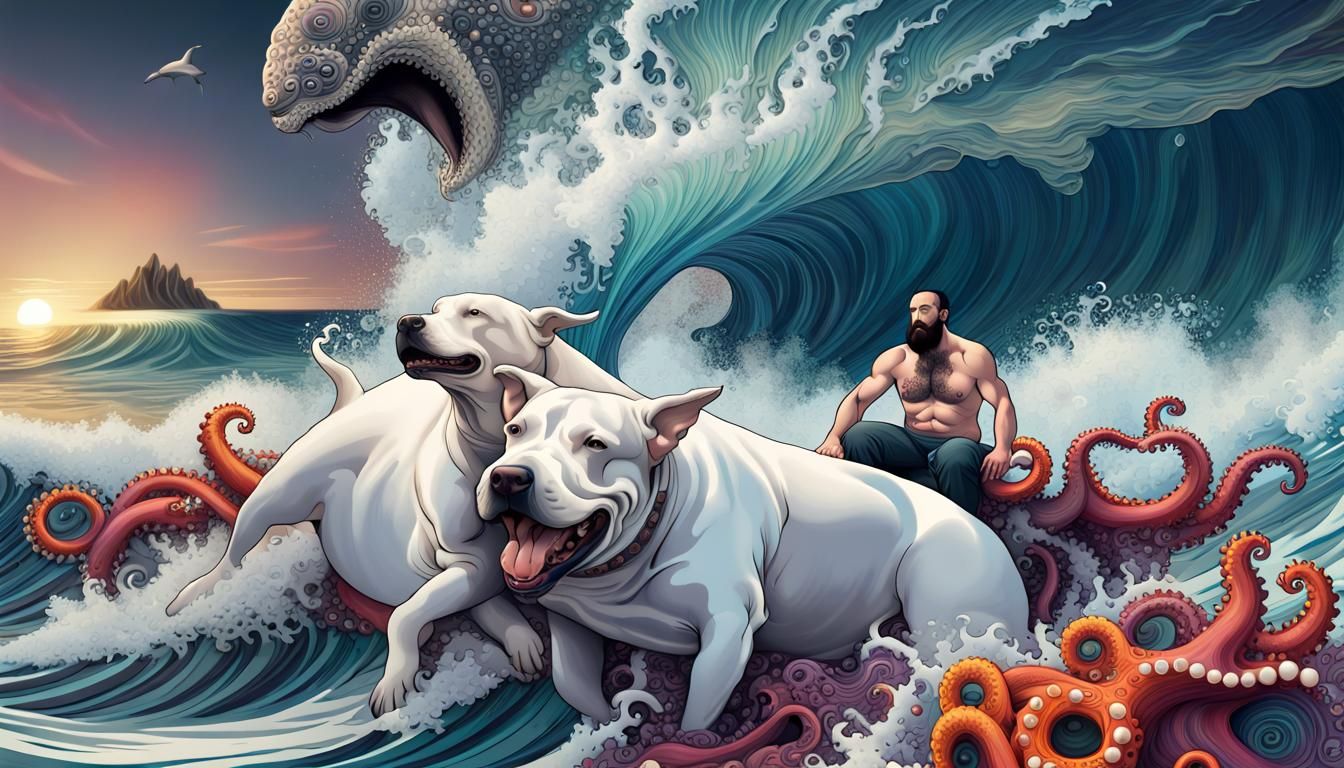 Man and Dogs Ride Dolphin with Octopus