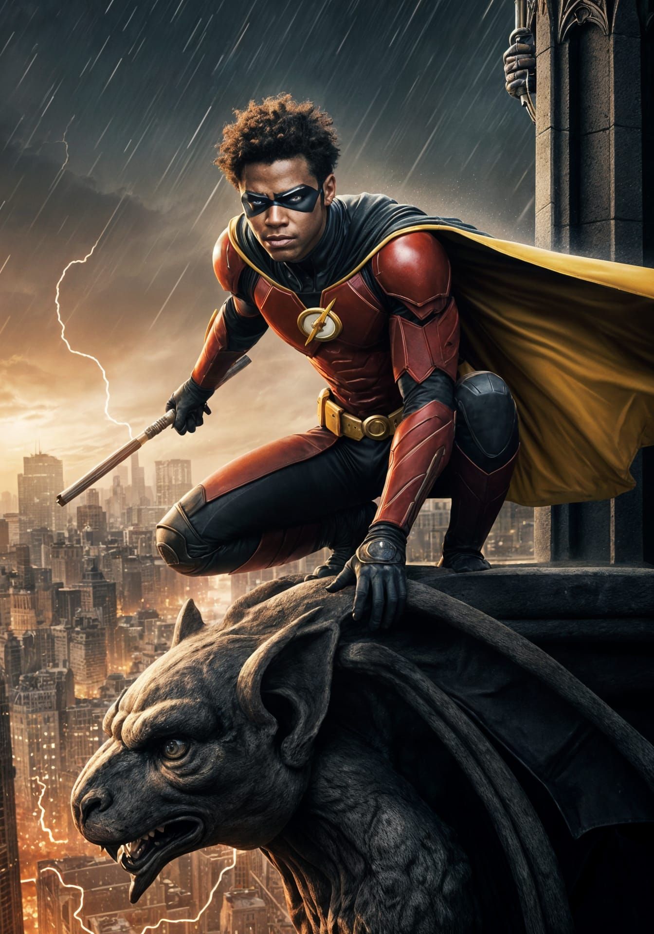 Wally West as Robin Above Gotham Cathedral
