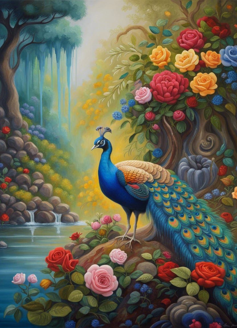 Peacock in Fantasy Landscape: Hyperdetailed Oil Painting