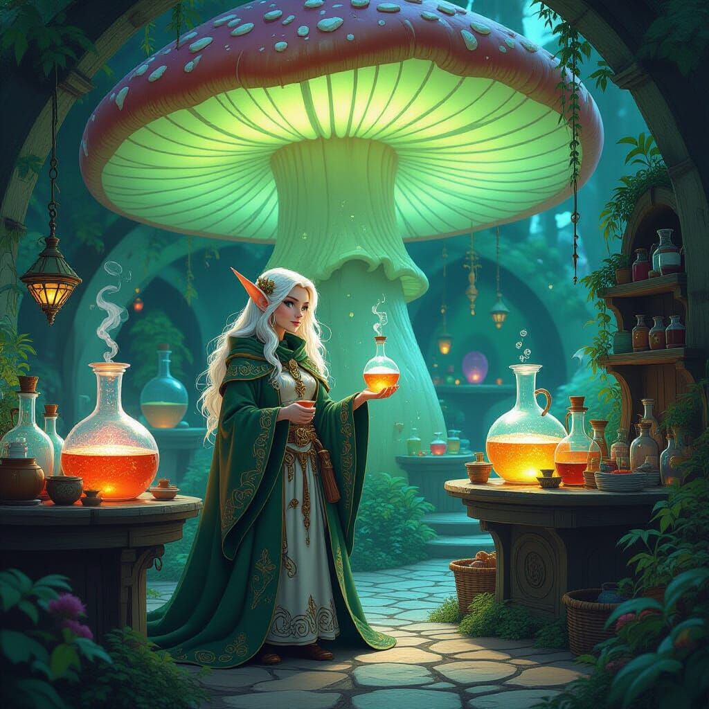Drow Elf Alchemist in Bioluminescent Mushroom Lab
