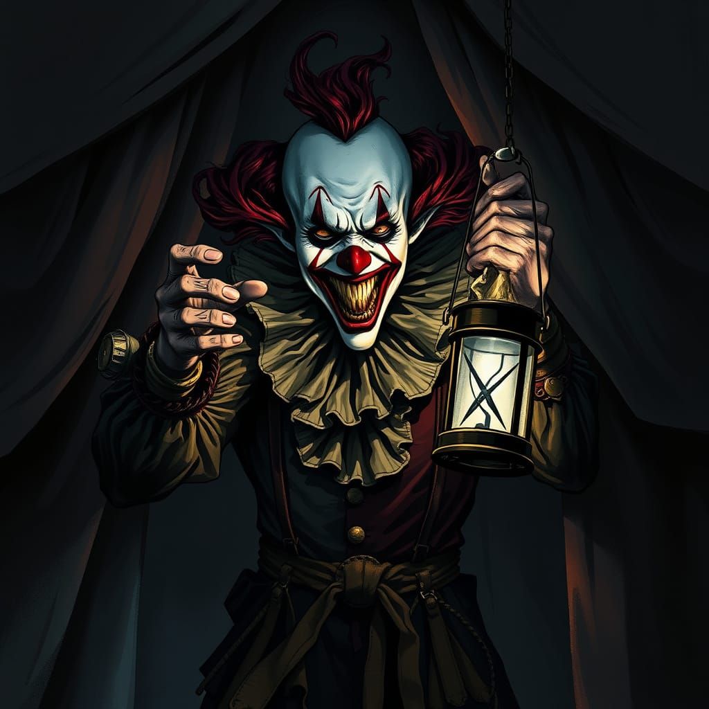 Steampunk Clown Emerges from Shadowy Carnival Tent