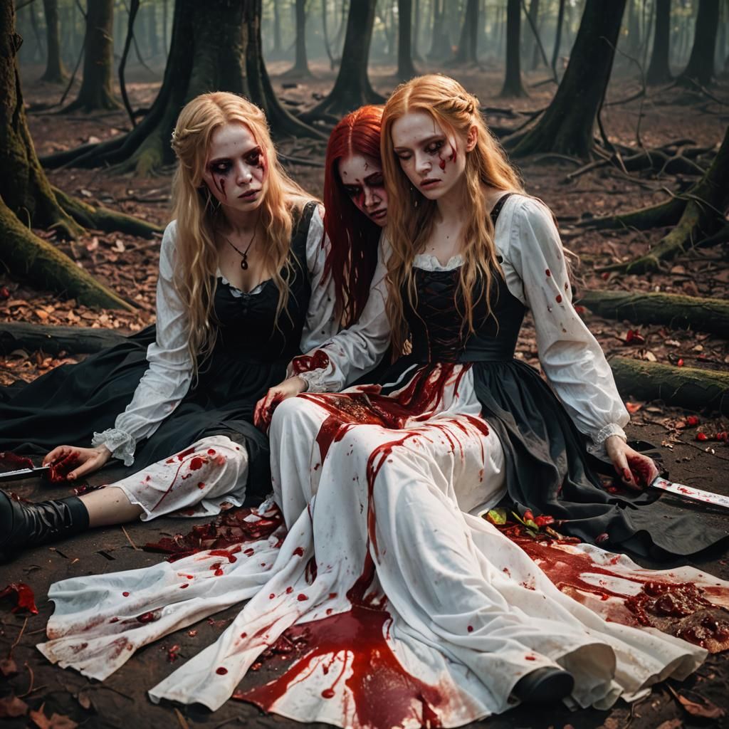 Eerie Gothic Scene: Two Girls in a Mystical Forest