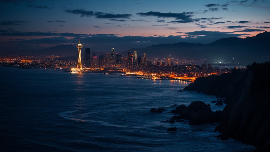Seattle Coastline at Night in Hyperrealistic Style