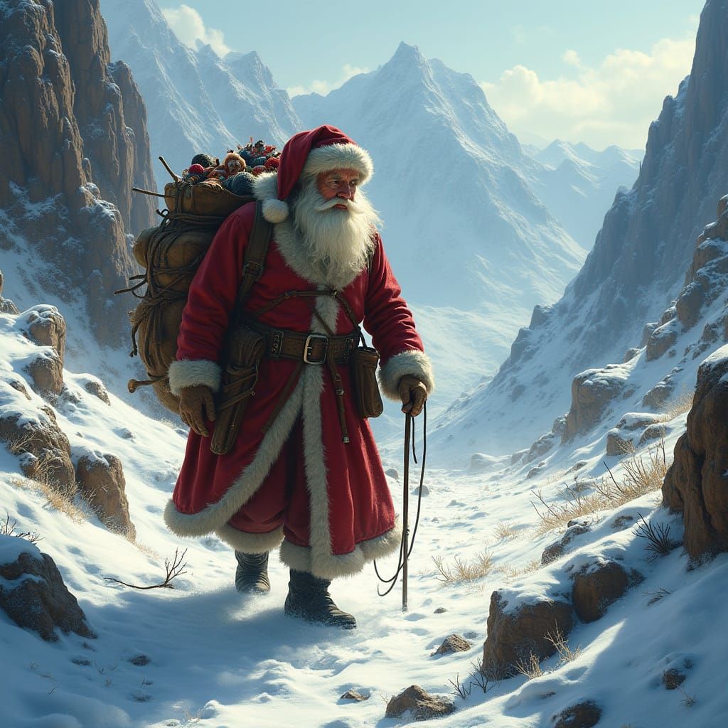 Santa Claus in Snowy Mountain Pass, Photorealistic Style
