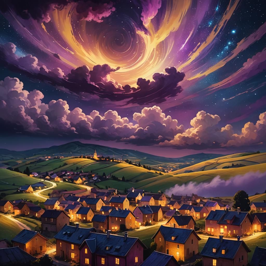 Village Under Swirling Starry Sky as Oil Painting