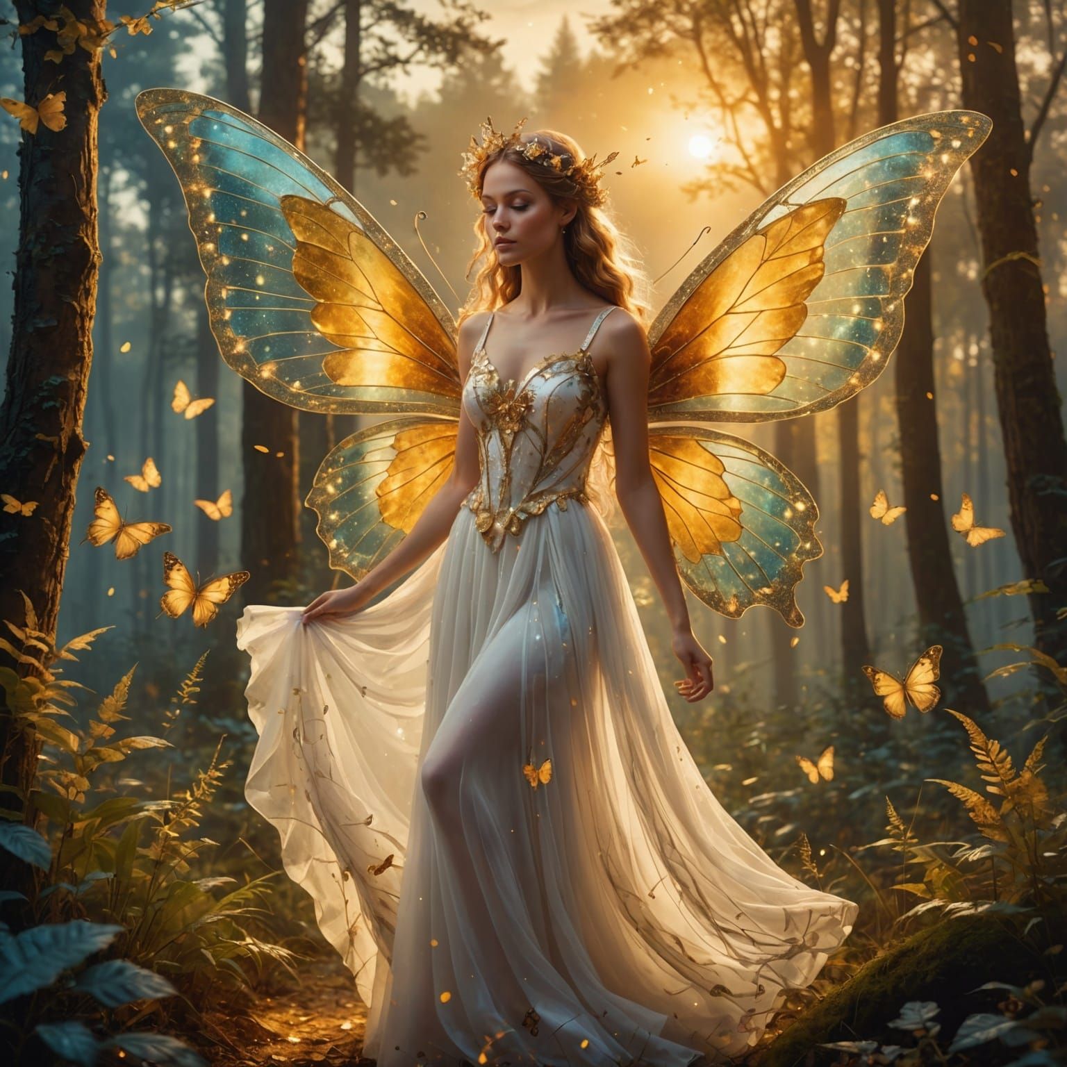 Elegant Fairy in Magic Forest at Sunset