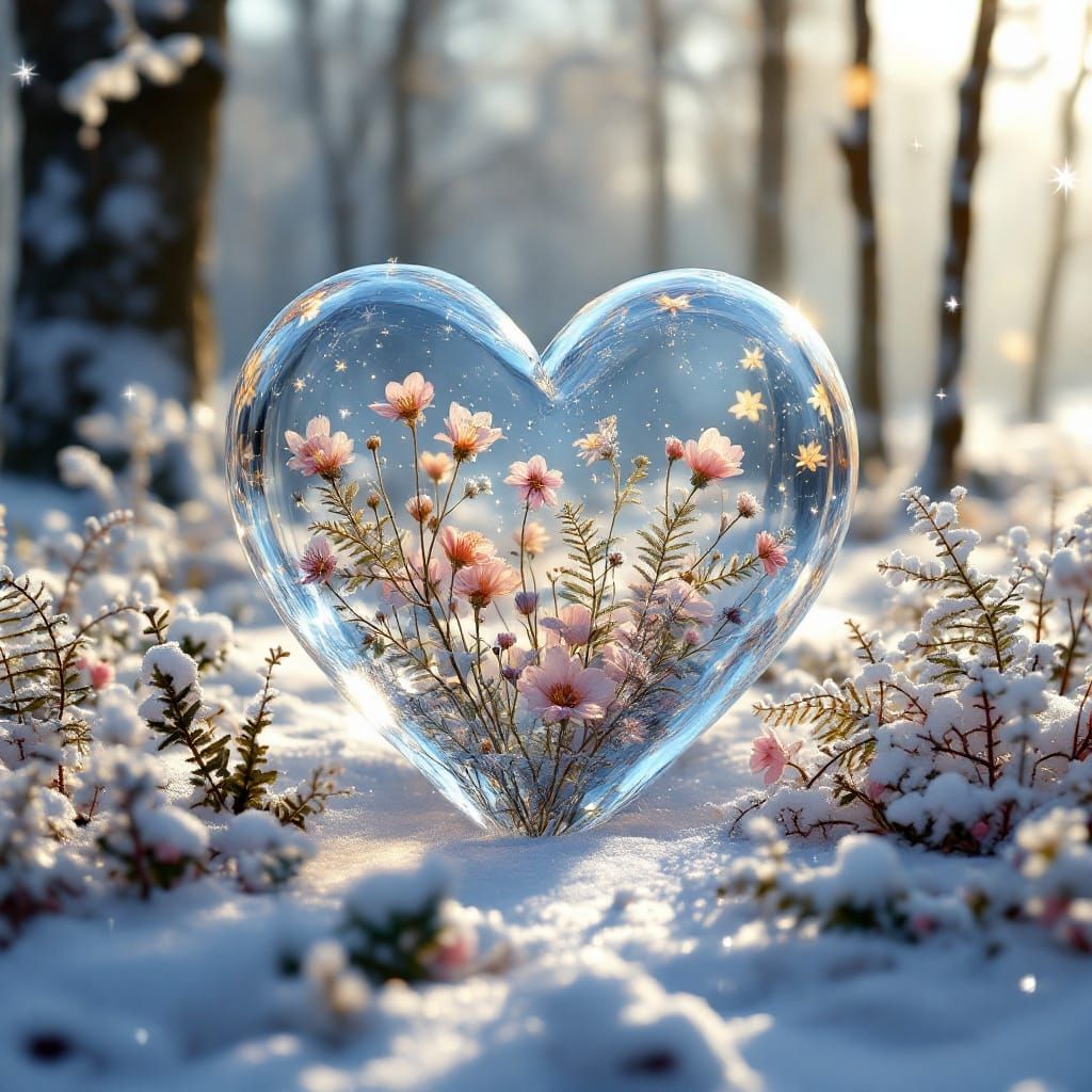 Ethereal Wintery Forest Scene with Delicate Glass Heart