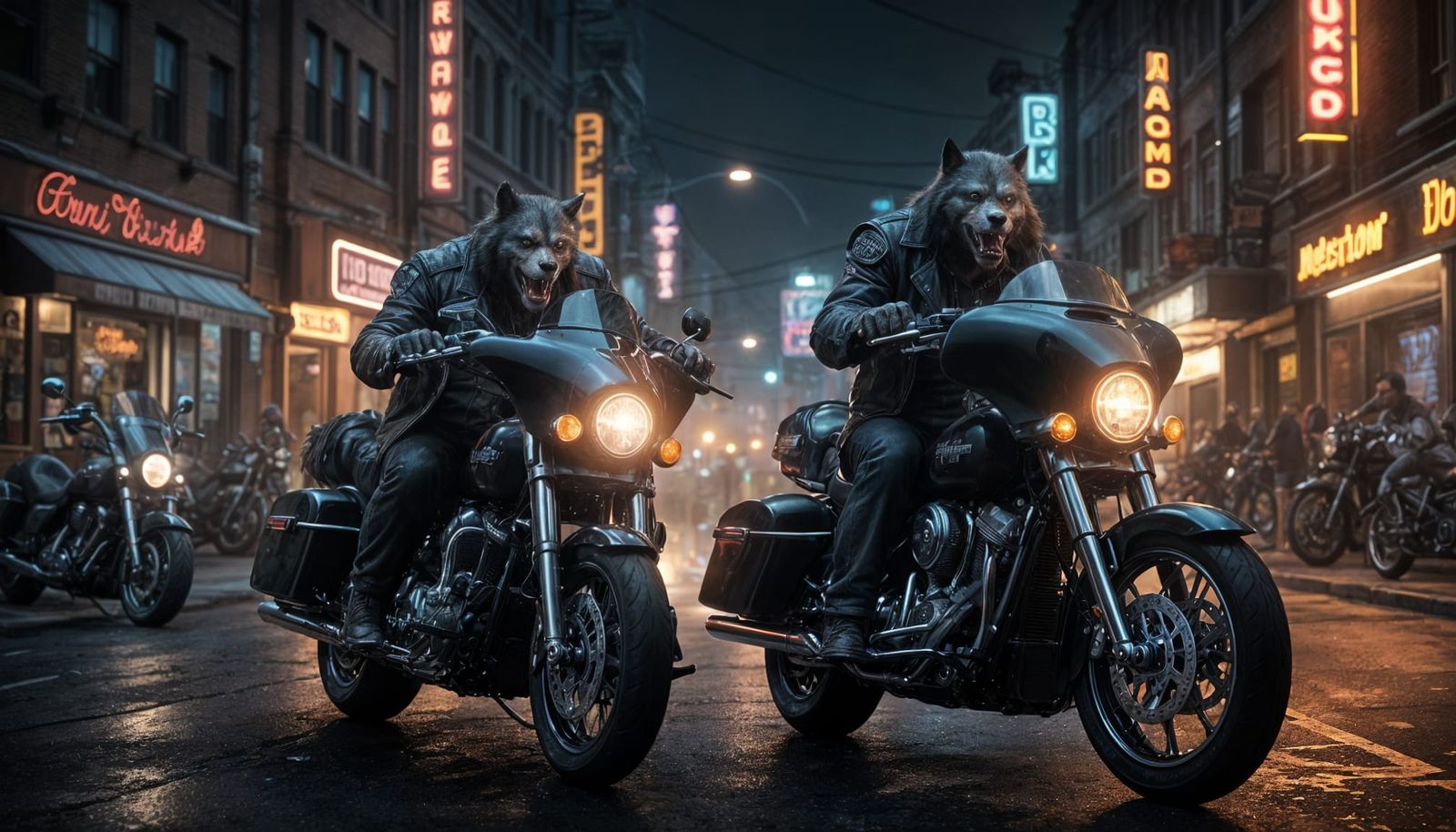 Werewolf Bikers Ride Harley Davidsons Under Neon Night Light...