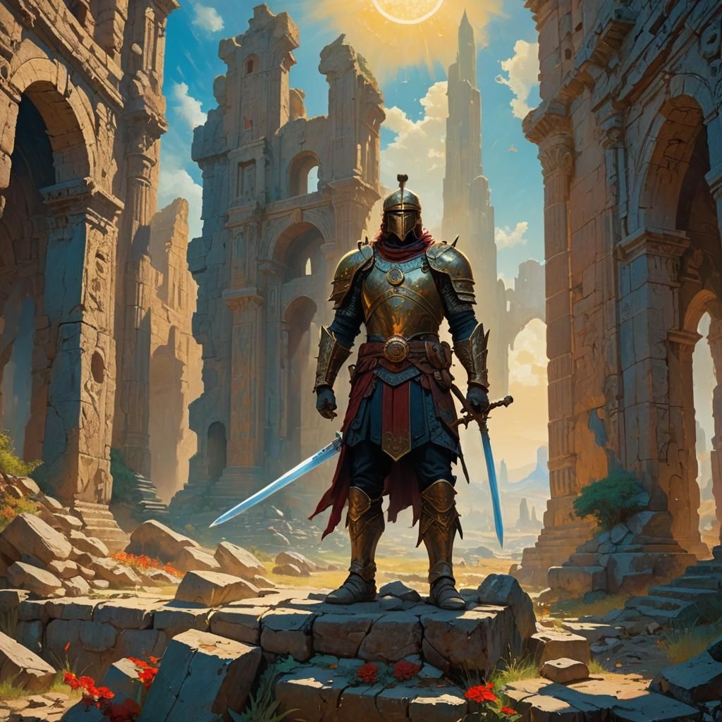 Heroic Warrior in Ancient Ruins, Symbolist Fantasy Art