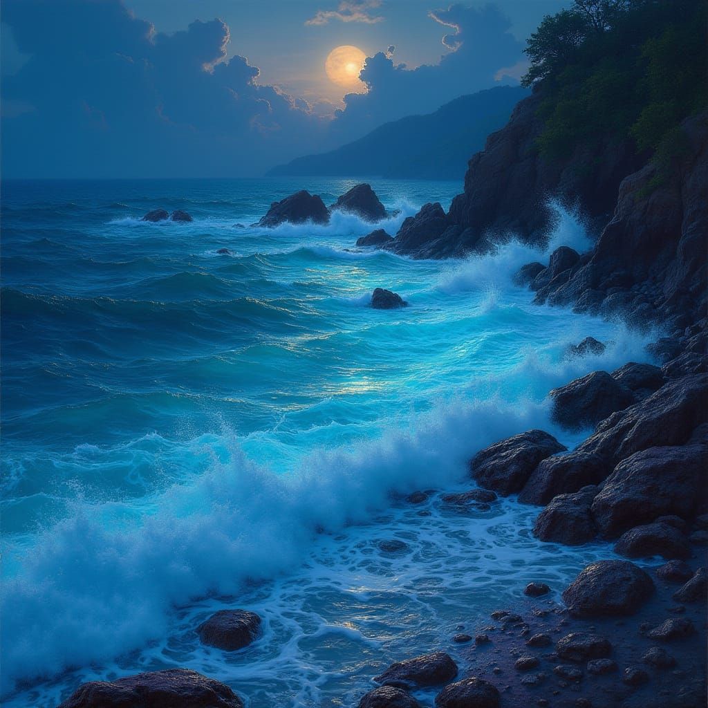 Bioluminescent Waves on Rocky Shore: Romantic Landscape
